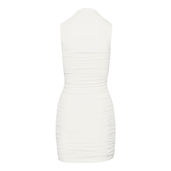 NWT Aritzia Contour Flourish Square Neck Ruched Mini Dress Light Birch Cream XS - Picture 6 of 7